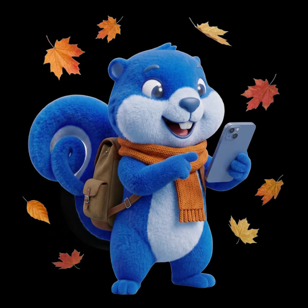 La mascotte écureuil bleue de Watt Watchers, écharpe et sac à dos, consulte l'app sur son smartphone au milieu de feuilles d'automne