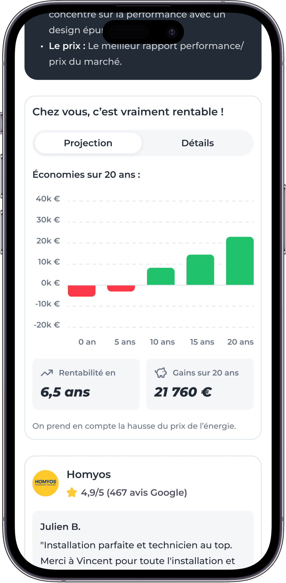 écran de la rentabilité projetée d'un projet réno sur Watt Watchers