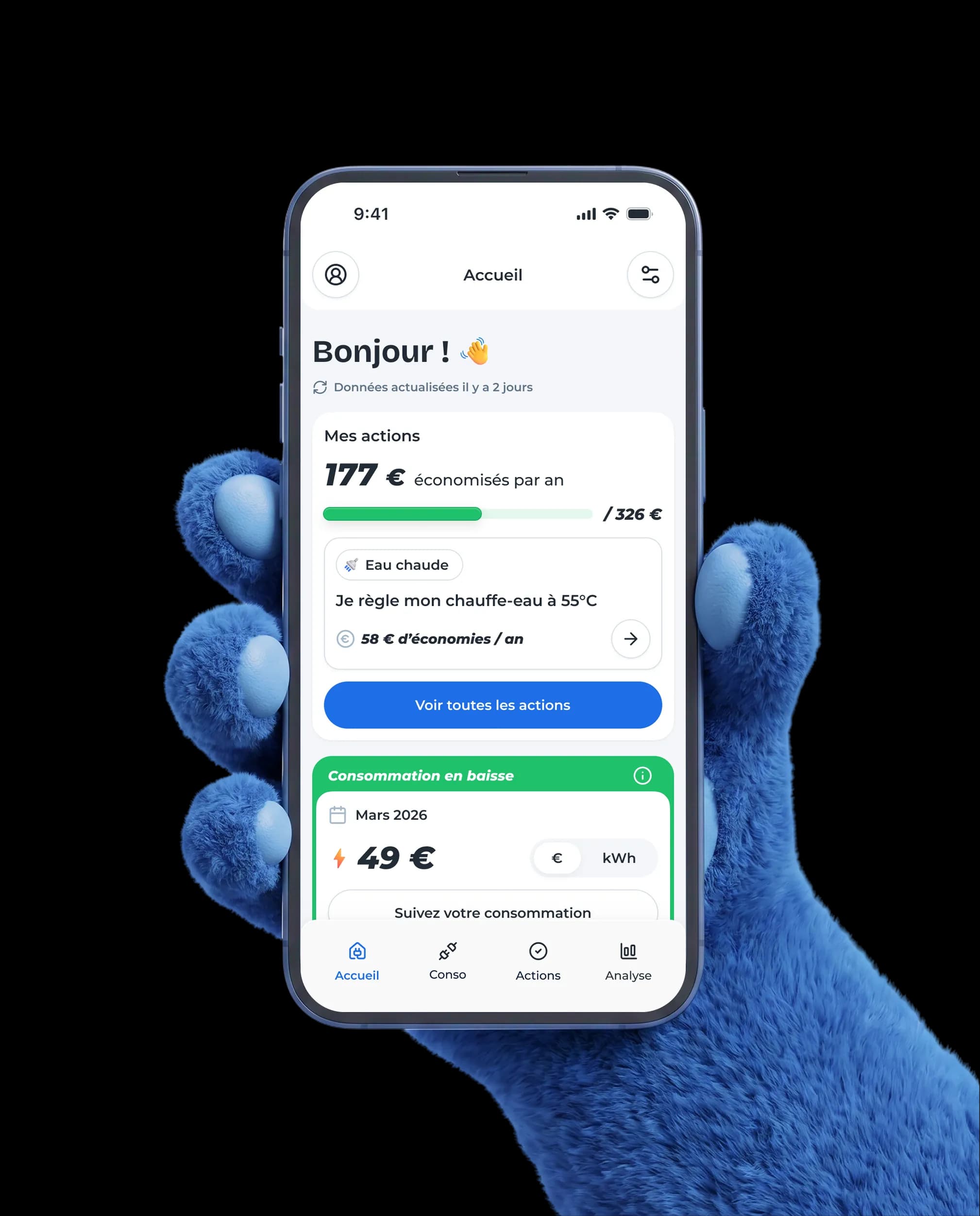 L'app Watt Watchers ouverte sur l'écran d'accueil, tenue par la mascotte bleue