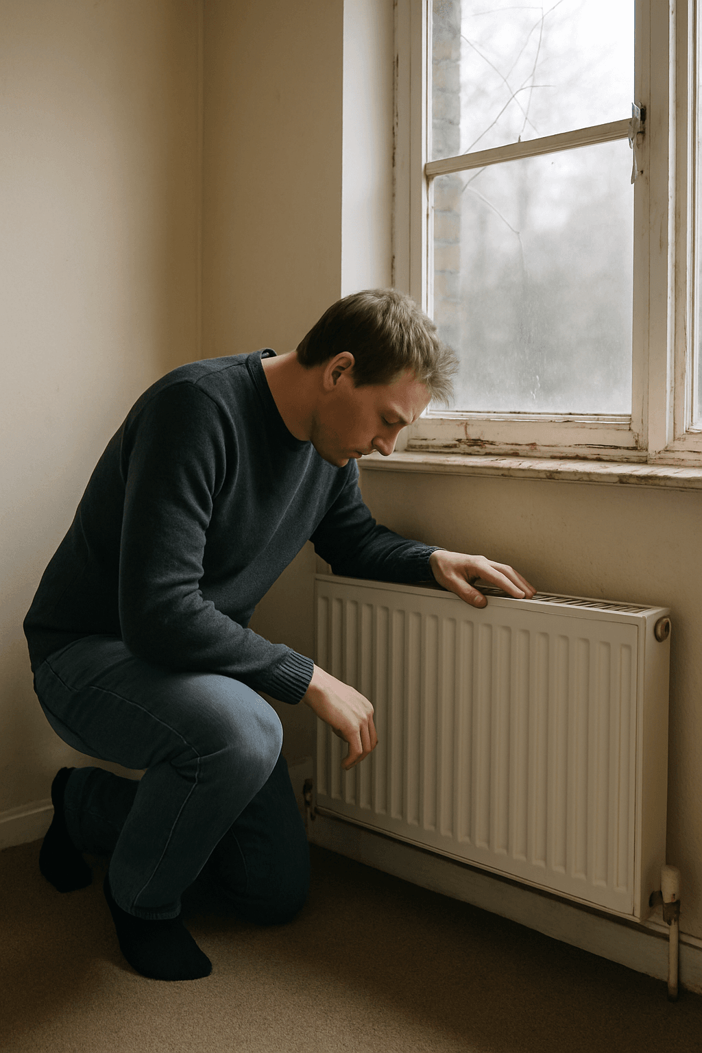 Image d'un logement non décent avec un radiateur non fonctionnel et une vitre fissurée