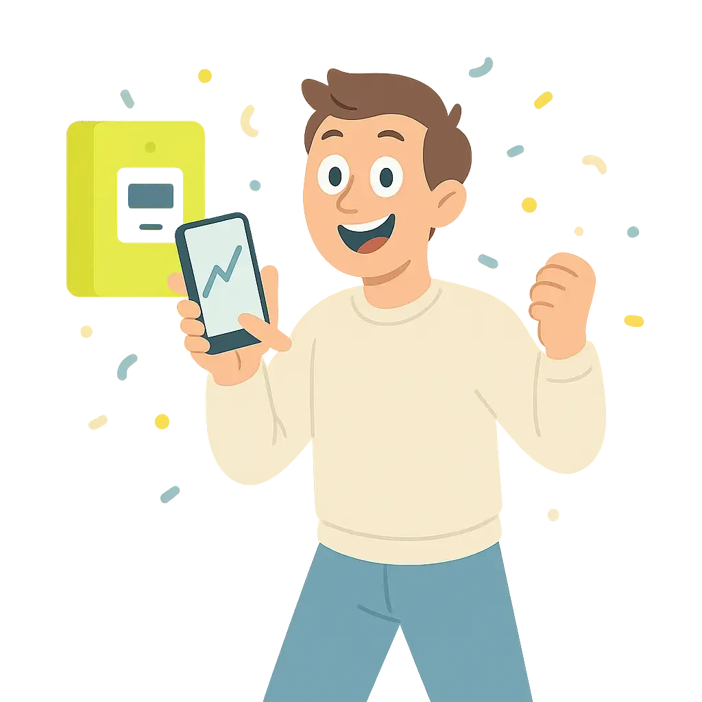 Homme avec l'application Watt Watchers sur son téléphone et proche d'un compteur Linky