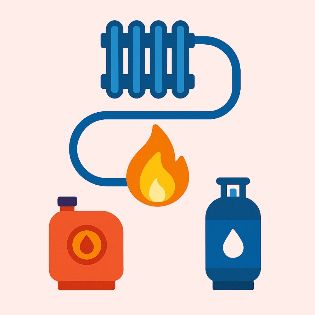 illustration carrée d'un tuyeau qui relie un radiateur en haut de l'image et en bas une flamme au centre avec à gauche une cuve de fioul et à droite du gaz naturel