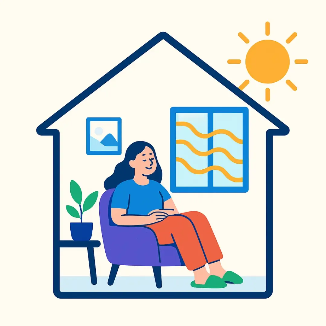 Personne assise confortablement dans une maison ensoleillée.