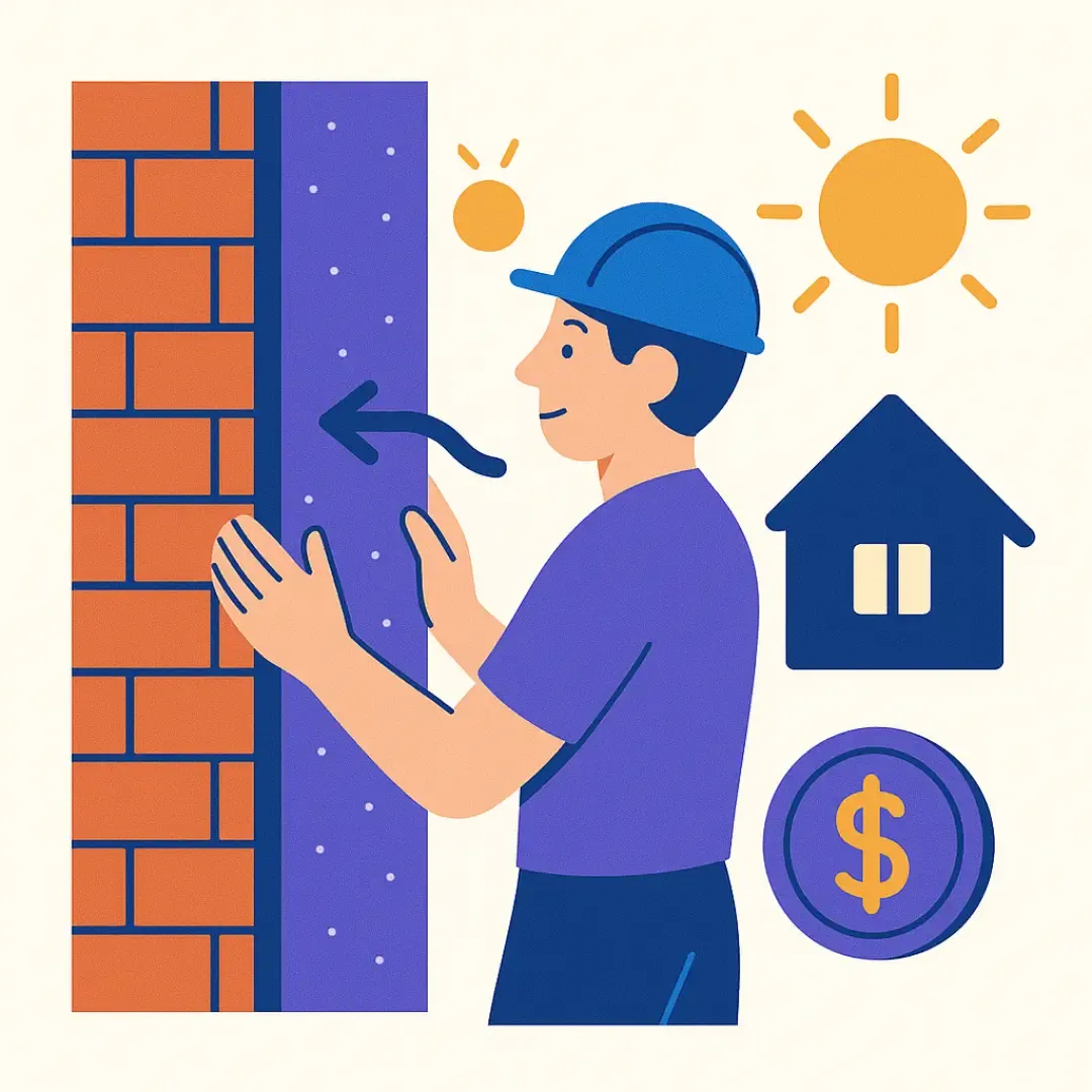 Ouvrier posant une isolation sur un mur de briques.