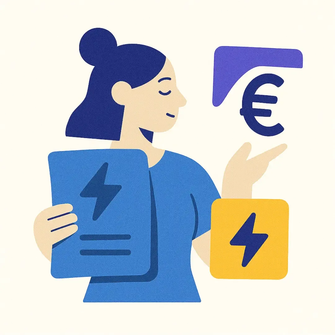 Personne tenant une facture d’électricité et un symbole euro.