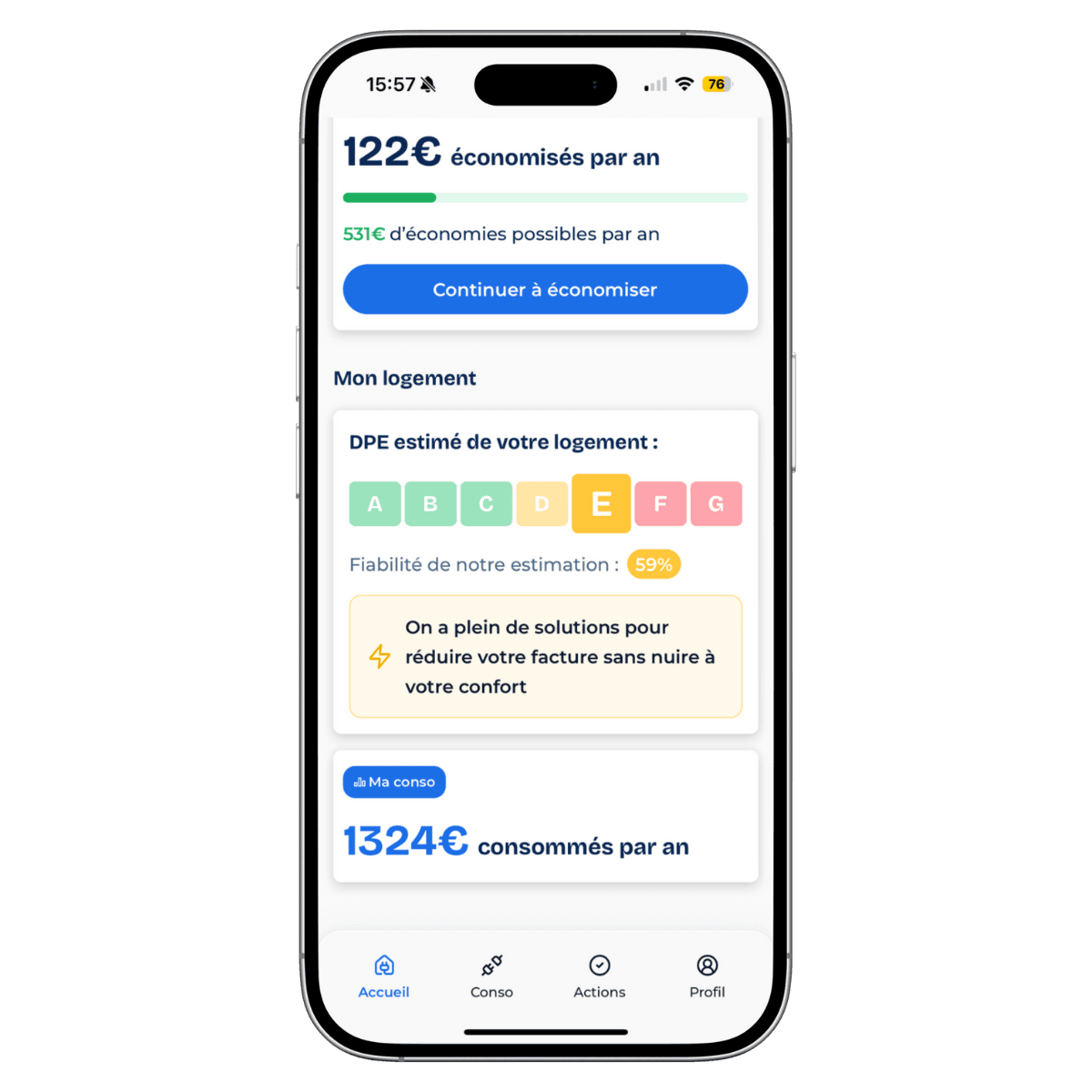 Image mock-up de l'écran d'accueil de l'application Watt Watchers avec le DPE du logement, le montant de la conso et les économies possibles