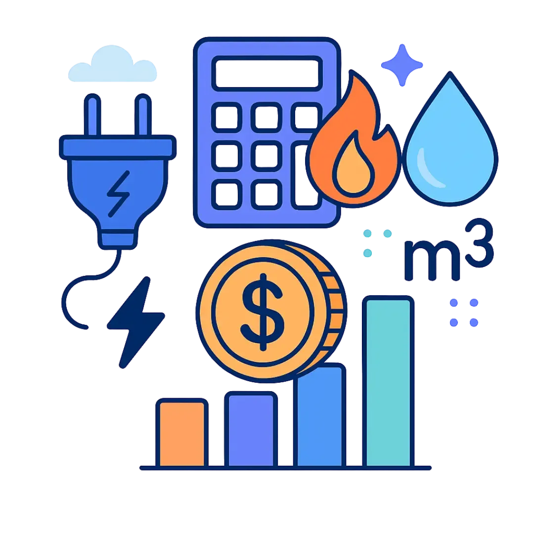 Illustration d'une calculatrice avec une prise d'électricité, de l'eau et du feu pour le gaz ainsi qu'une pièce dollar
