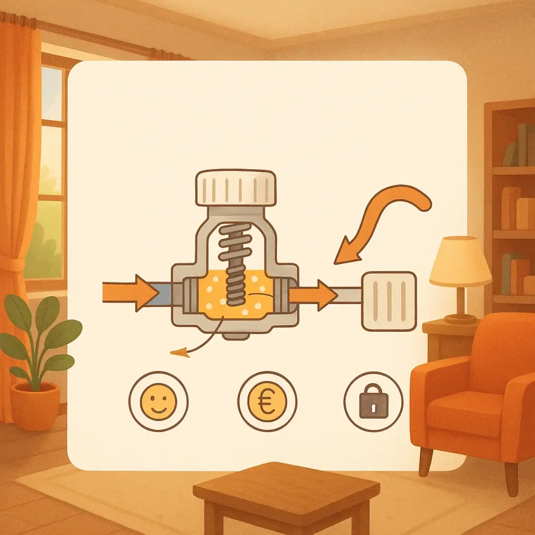 Schéma illustré du fonctionnement d’une tête thermostatique avec ressort et régulation du débit.